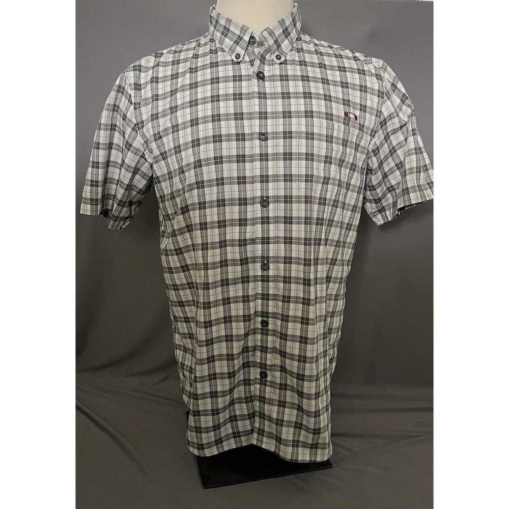 Oakley‎ Mens Large Short Sleeve Button Up Gray Plaid Logo Casual Shirt
